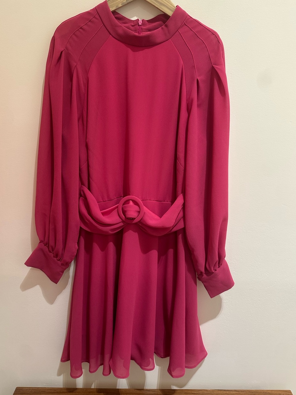 Fuchsia Long-Sleeve Belted Mini Dress with Ring Accent